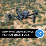 Parrot Anafi USA drone flying over a desert landscape with Coptrz Drone Service branding.