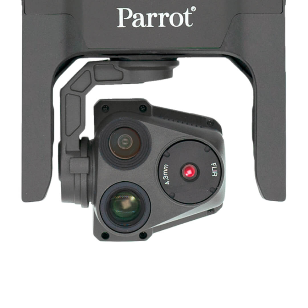 Close-up of a Parrot drone camera on a white background