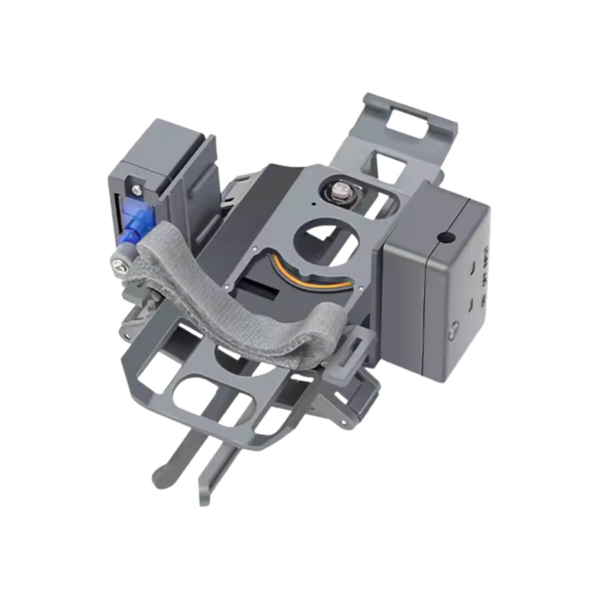 Mechanical device with gray and black components on a white background