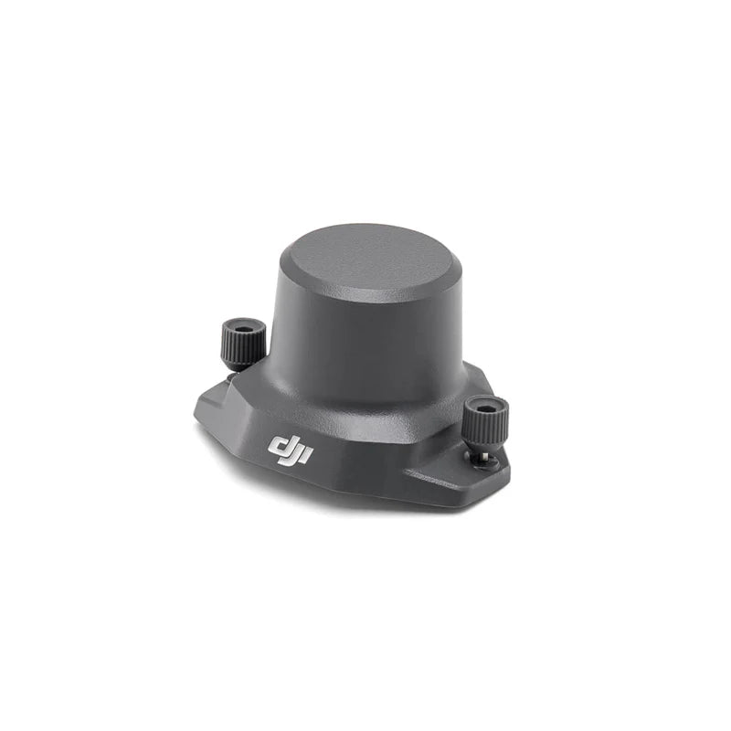 Black DJI RTK module shown at 45-degree front left view on a white background