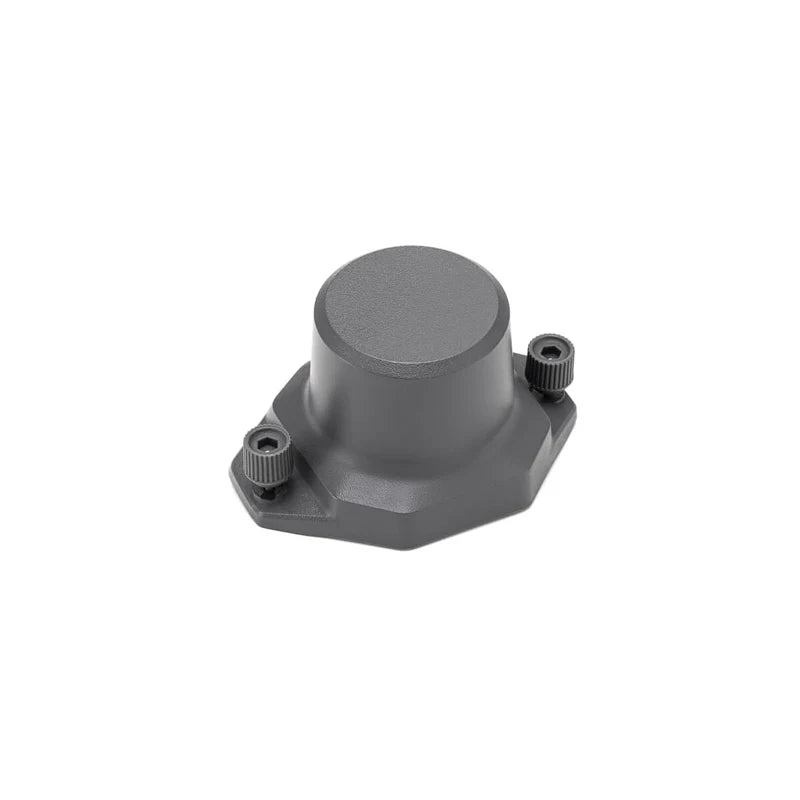 Black DJI RTK module shown at 45-degree rear left view on a white background