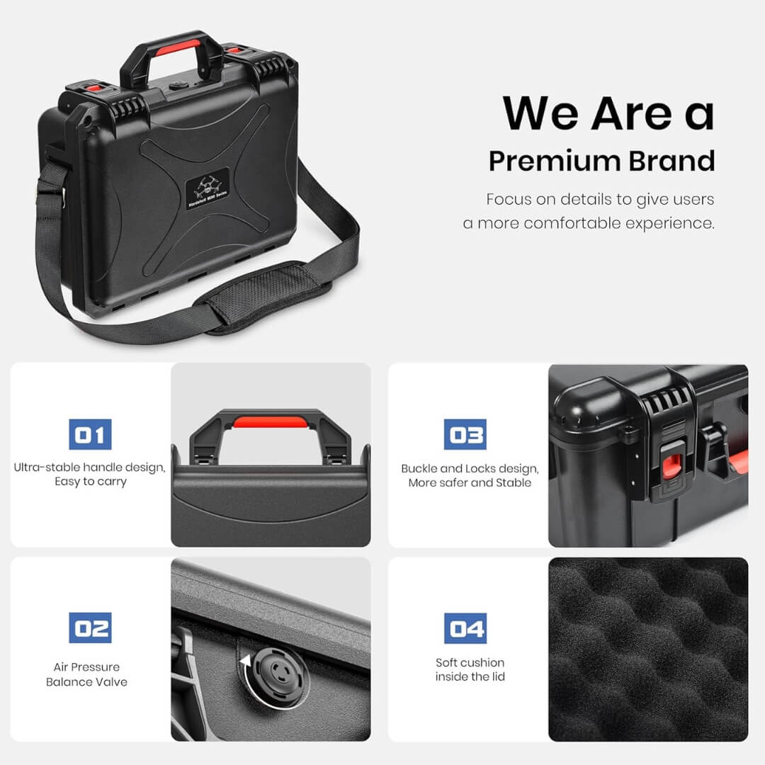 Black hard-shell carrying case with features highlighted on a white background