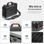 Black hard-shell carrying case with features highlighted on a white background