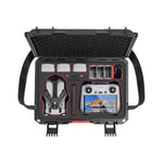 Black protective case with a drone and screen inside on a white background