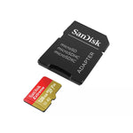 SanDisk microSD card with adapter shown at bottom-up front left view on a white background