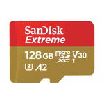 SanDisk Extreme microSDXC 128gb card with red and gold design shown at front view on a white background