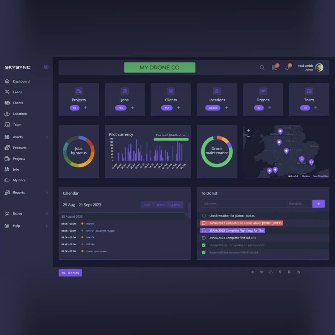 Dashboard interface for drone operations management software with various modules and graphs with a dark purple theme