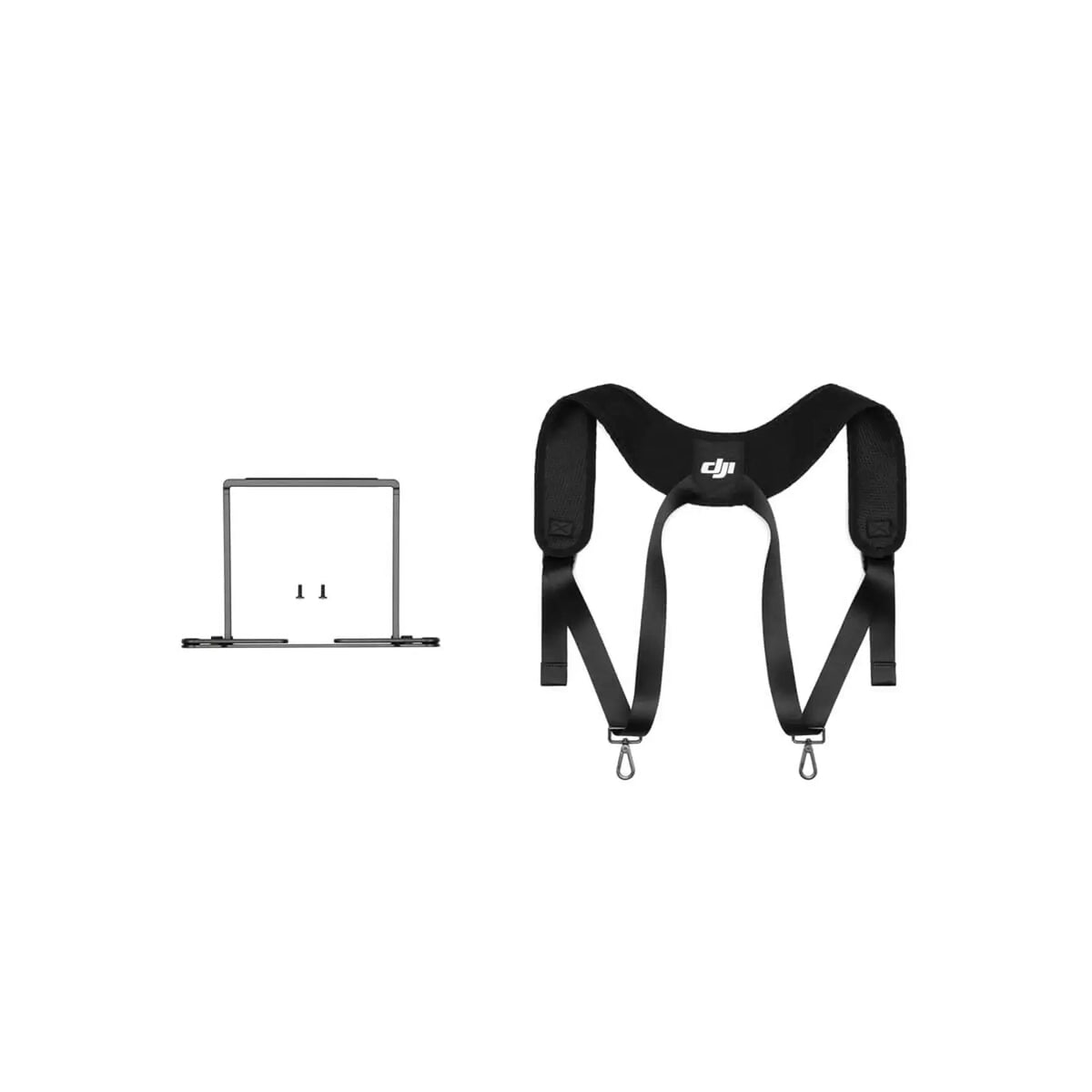 Black camera shoulder harness with a small rectangular device front view on a white background