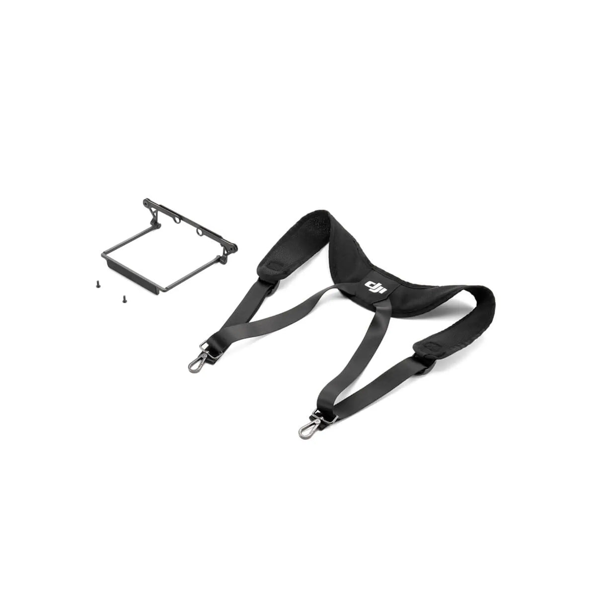 Camera shoulder harness with small rectangular device top-down left 45-degree view on white background