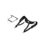 Camera shoulder harness with small rectangular device top-down left 45-degree view on white background