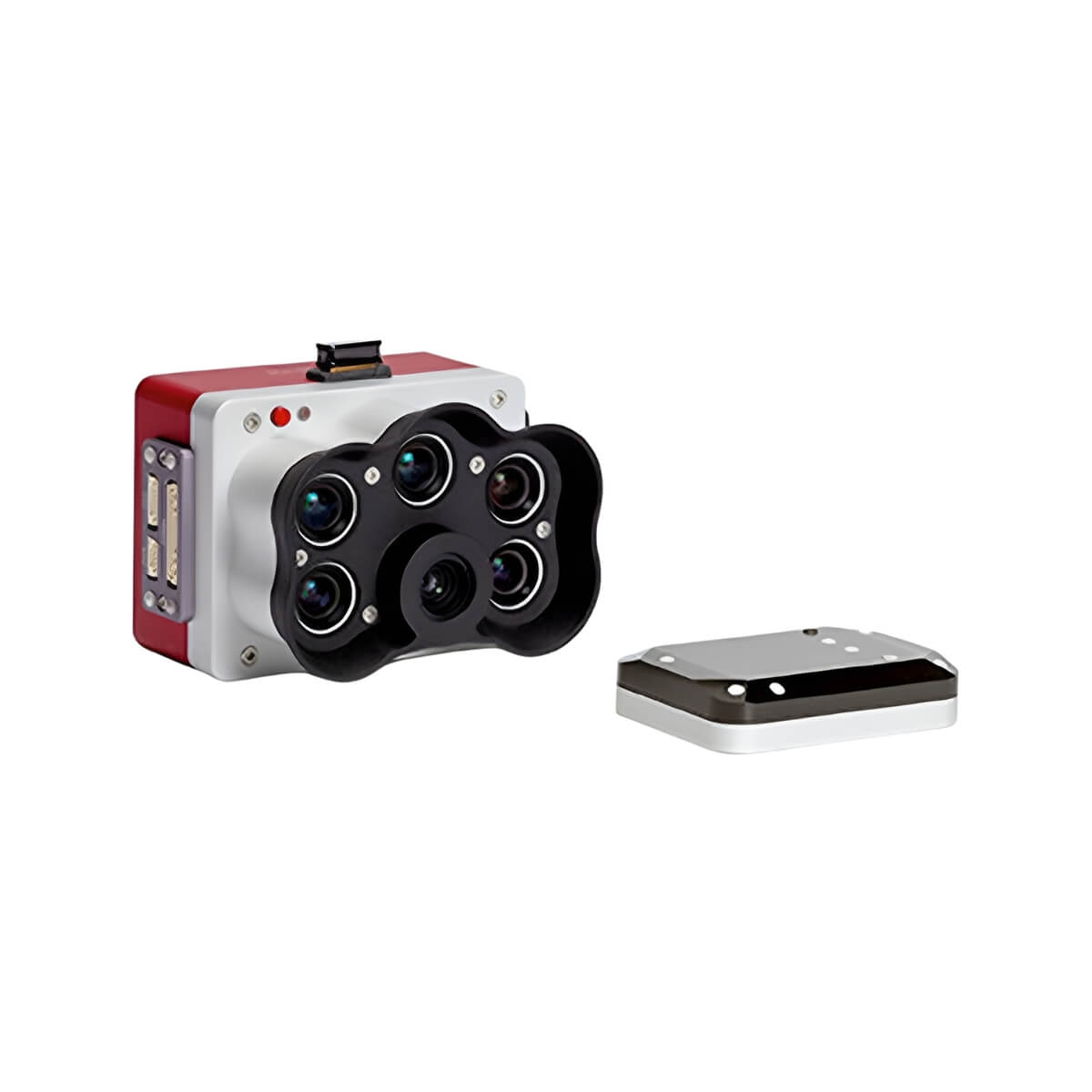 Camera module with multiple lenses and a small rectangular device on a white background