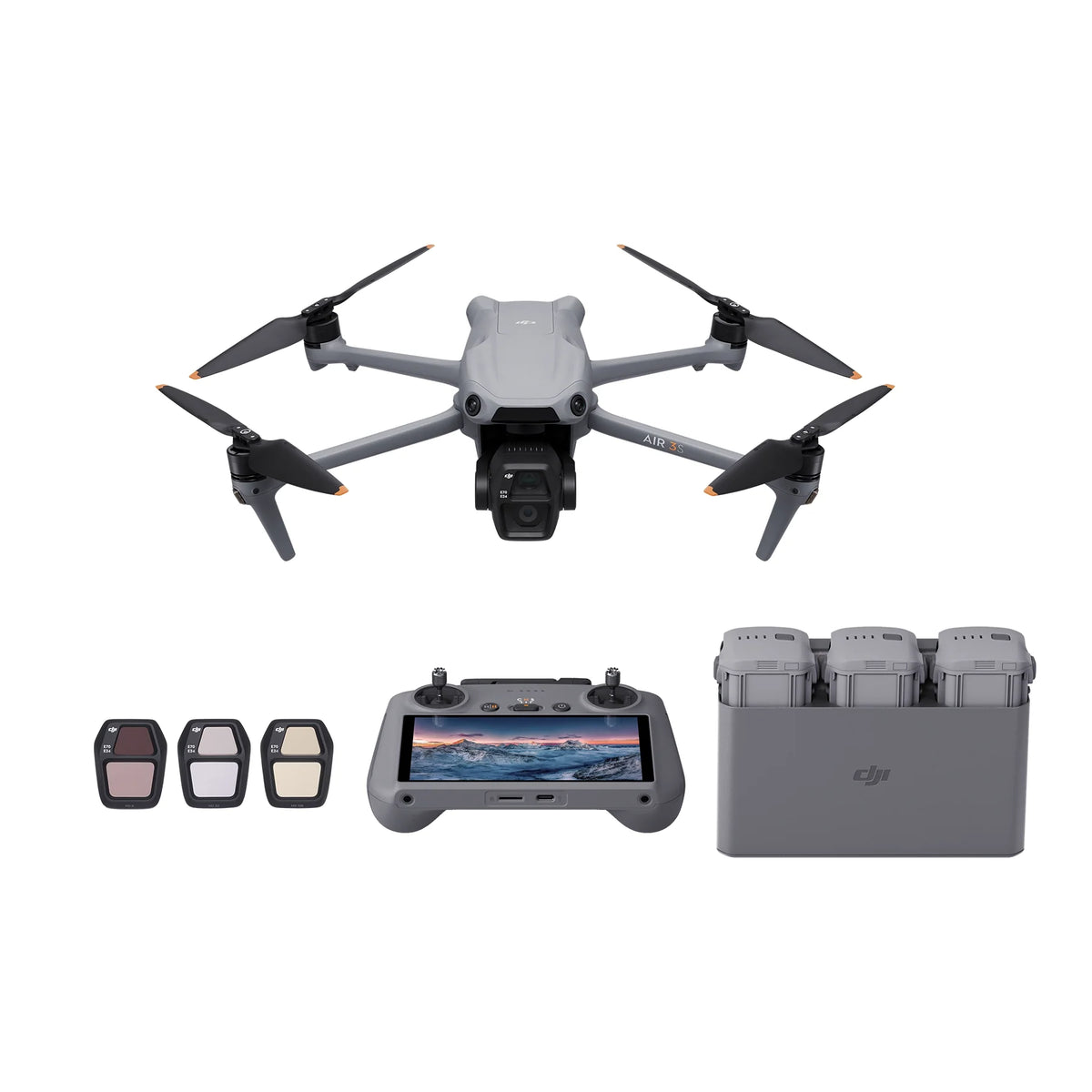 DJI Air 3S drone with RC 2 controller, ND filter set and three drone batteries front angle product shot on white background