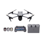 DJI Air 3S drone with RC 2 controller, ND filter set and three drone batteries front angle product shot on white background