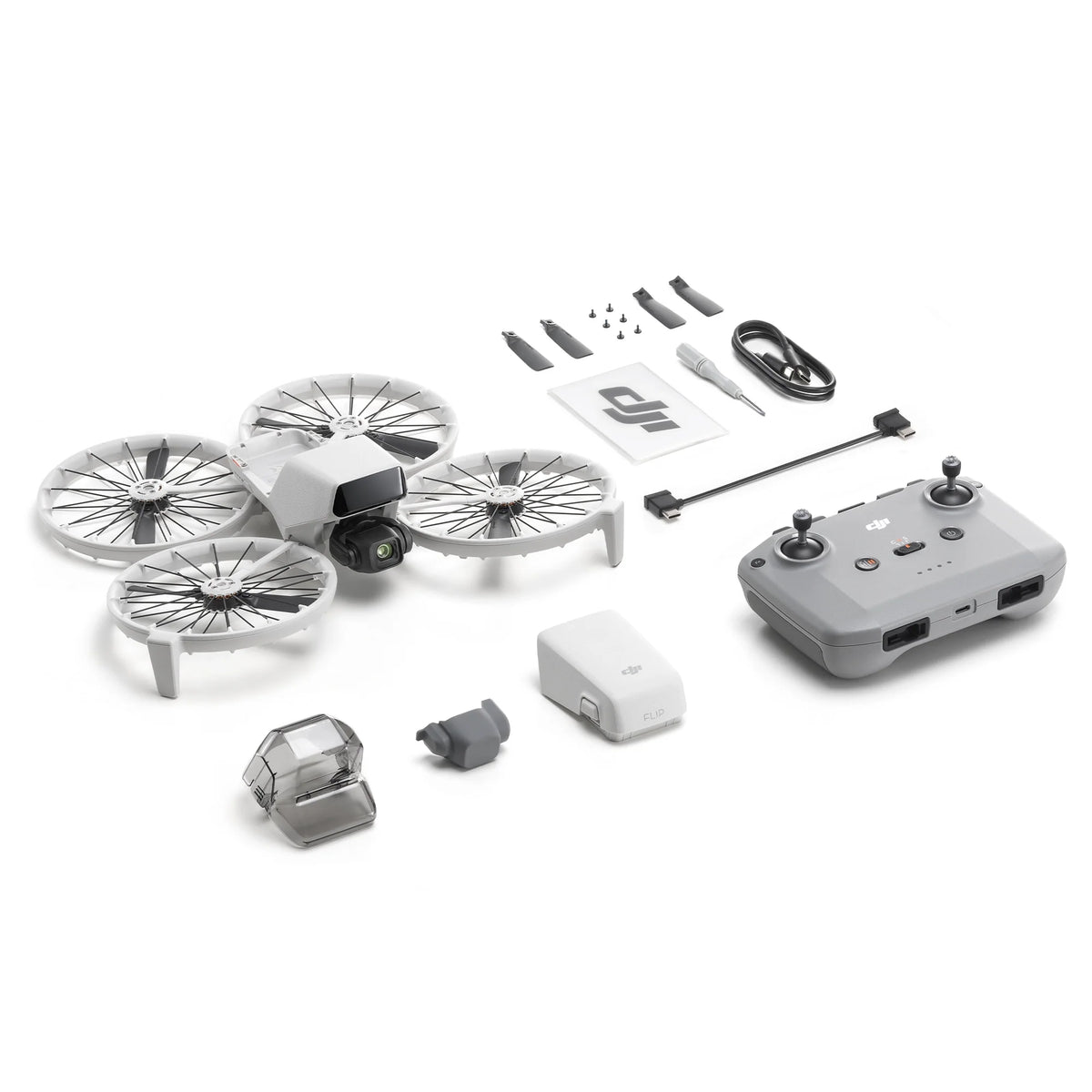 DJI Flip drone bundle with RC-N3 controller and accessories on white background