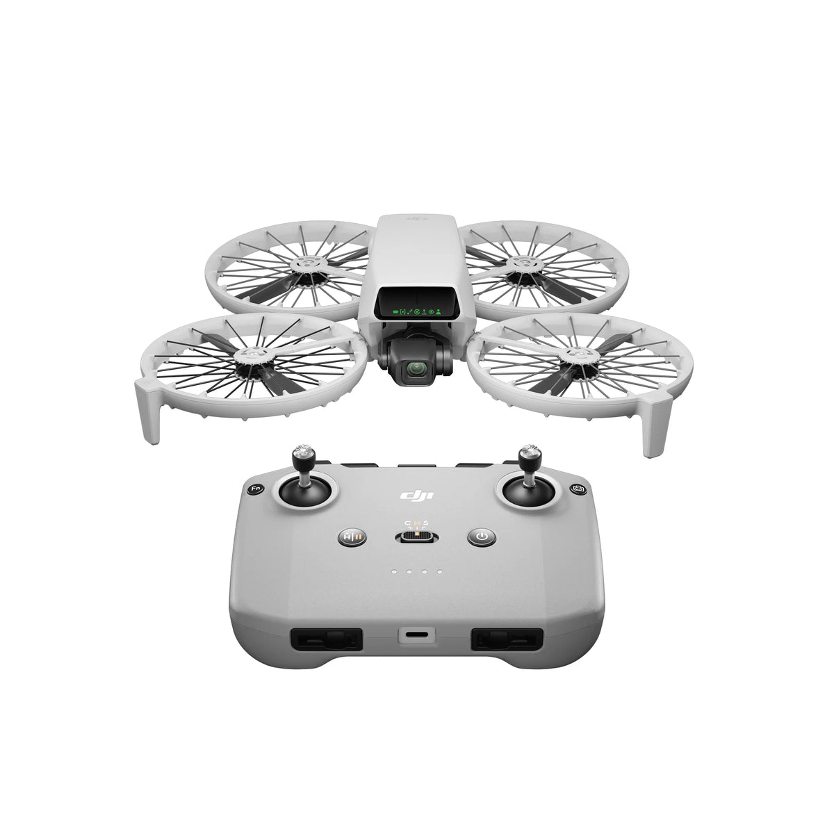 DJI Flip drone front view with RC-N3 controller product shot on white background