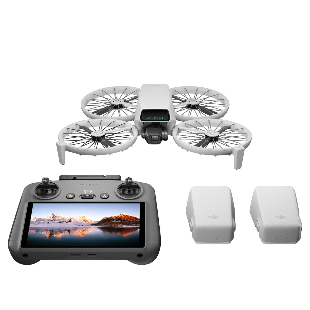 A DJI Flip drone with RC 2 remote controller and multiple batteries shown at front view on a white background