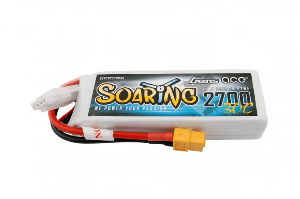 A Gens Ace Soaring 3S 2700mAh 30C LiPo battery with an XT60 connector, predominantly white in colour with some red wiring and a yellow connector on a white background