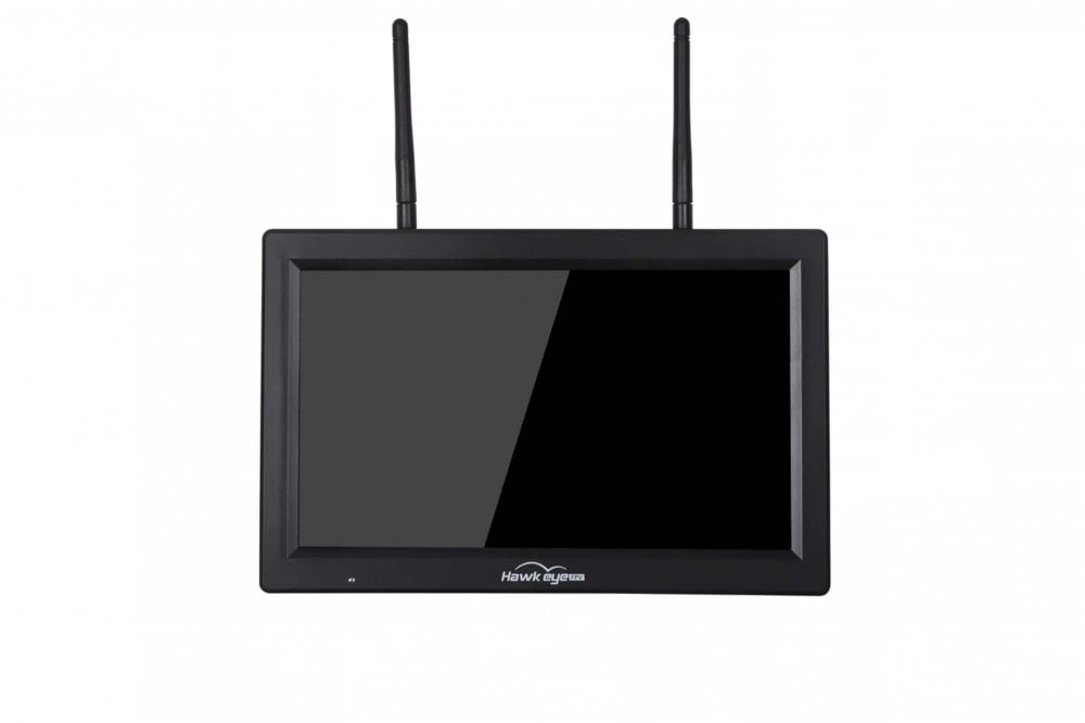 A black Hawkeye Captain X 10.2 inch 5.8GHz FPV monitor with antennas shown at front view on a white background