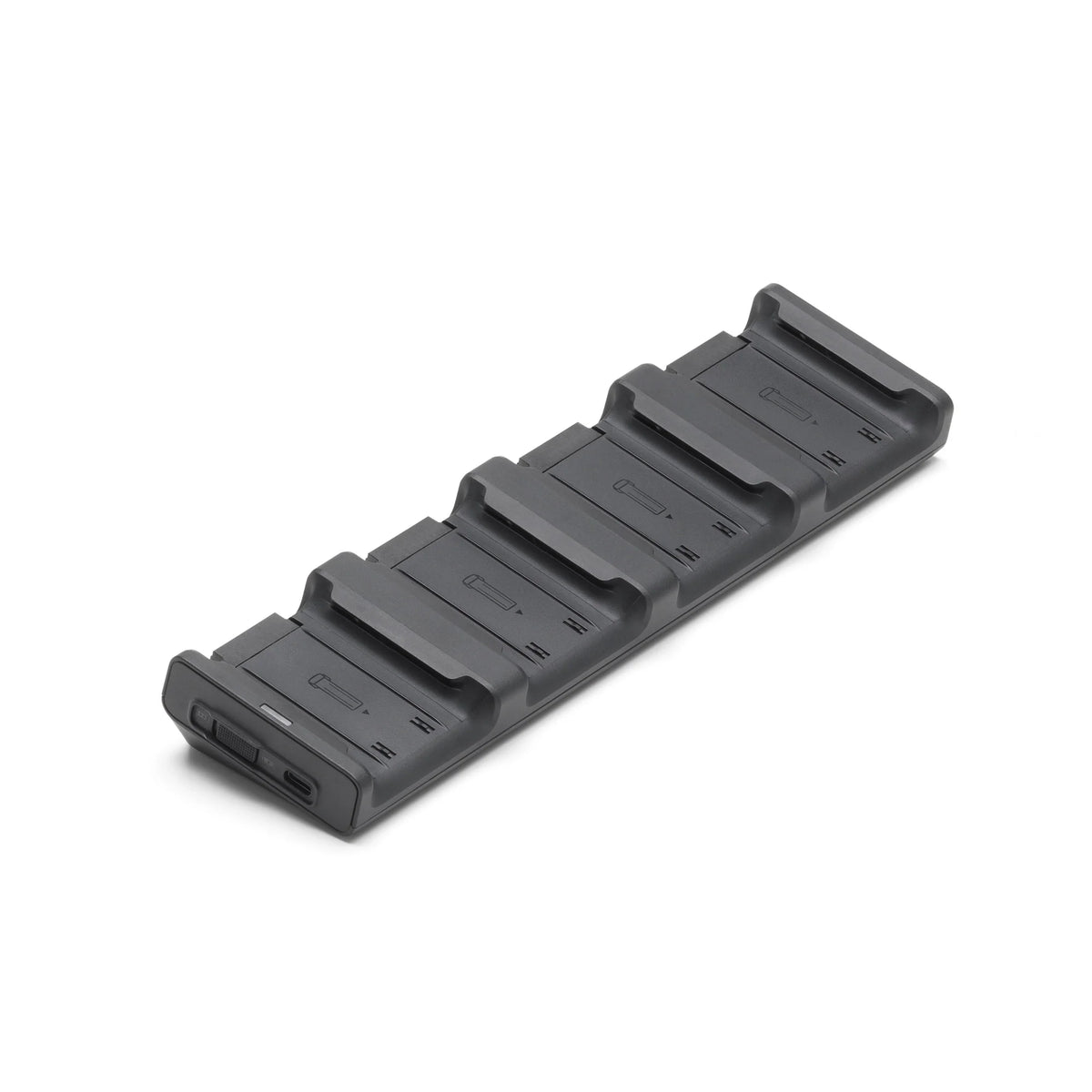 Black DJI Matrice 4 battery charging hub with multiple connectors shown at 45-degree front right reverse view on a white background