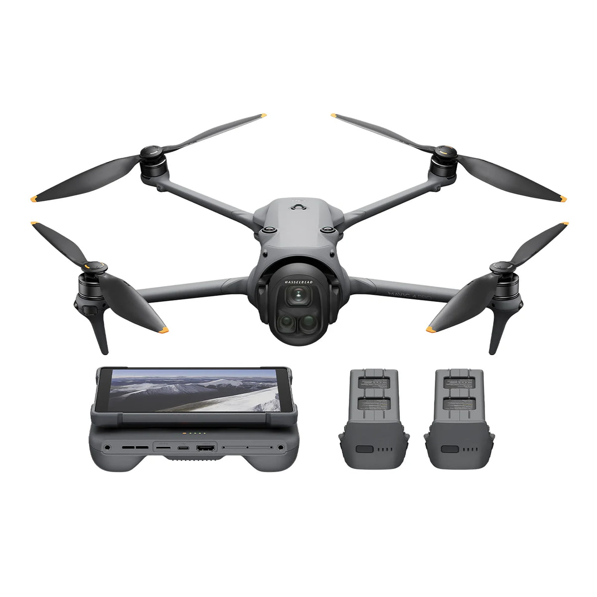 DJI Mavic 4 Pro drone front view with RC Pro 2 controller and three batteries on white background