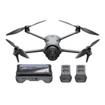 DJI Mavic 4 Pro drone front view with RC Pro 2 controller and three batteries on white background