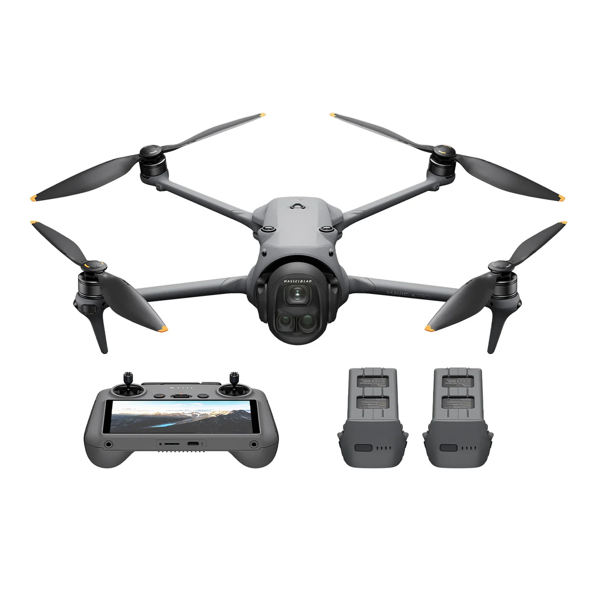 DJI Mavic 4 Pro drone with RC 2 remote control and multiple batteries shown at front view on a white background