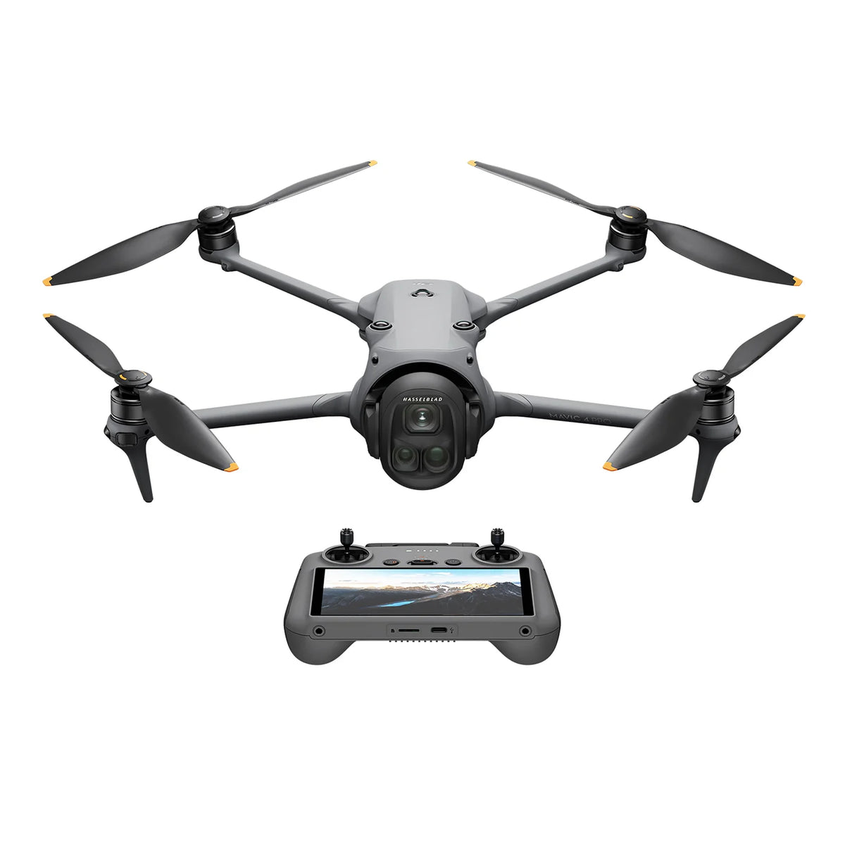 A DJI Mavic 4 Pro grey drone with RC 2 remote controller shown at front view on a white background
