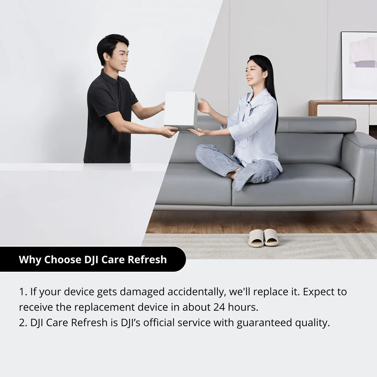 A woman on the right sitting on a sofa holding a white box with a DJI staff member on the left against a white background