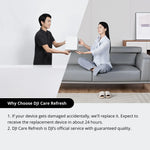 A woman on the right sitting on a sofa holding a white box with a DJI staff member on the left against a white background