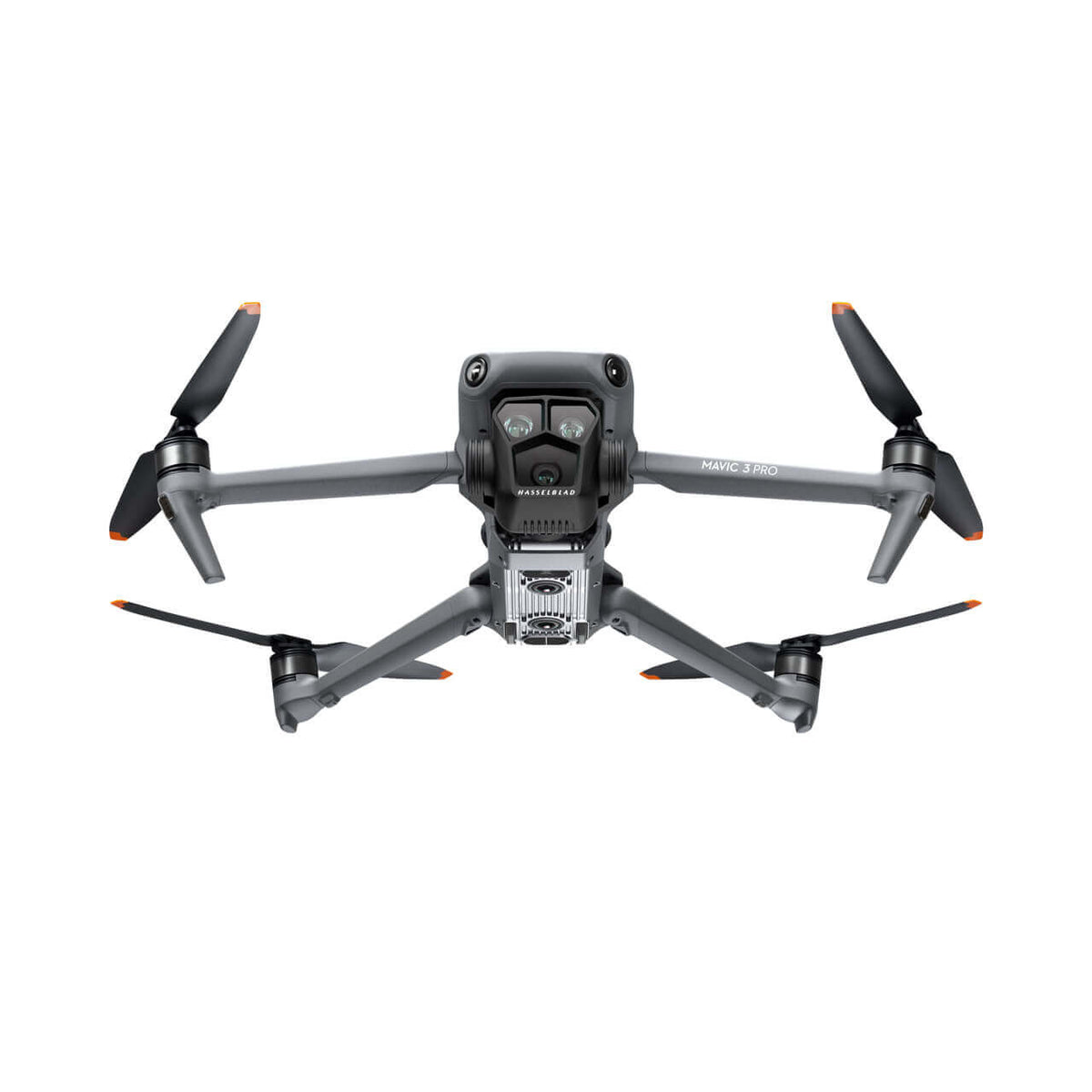 DJI Mavic 3 Pro drone shown at bottom-up front view on a white background