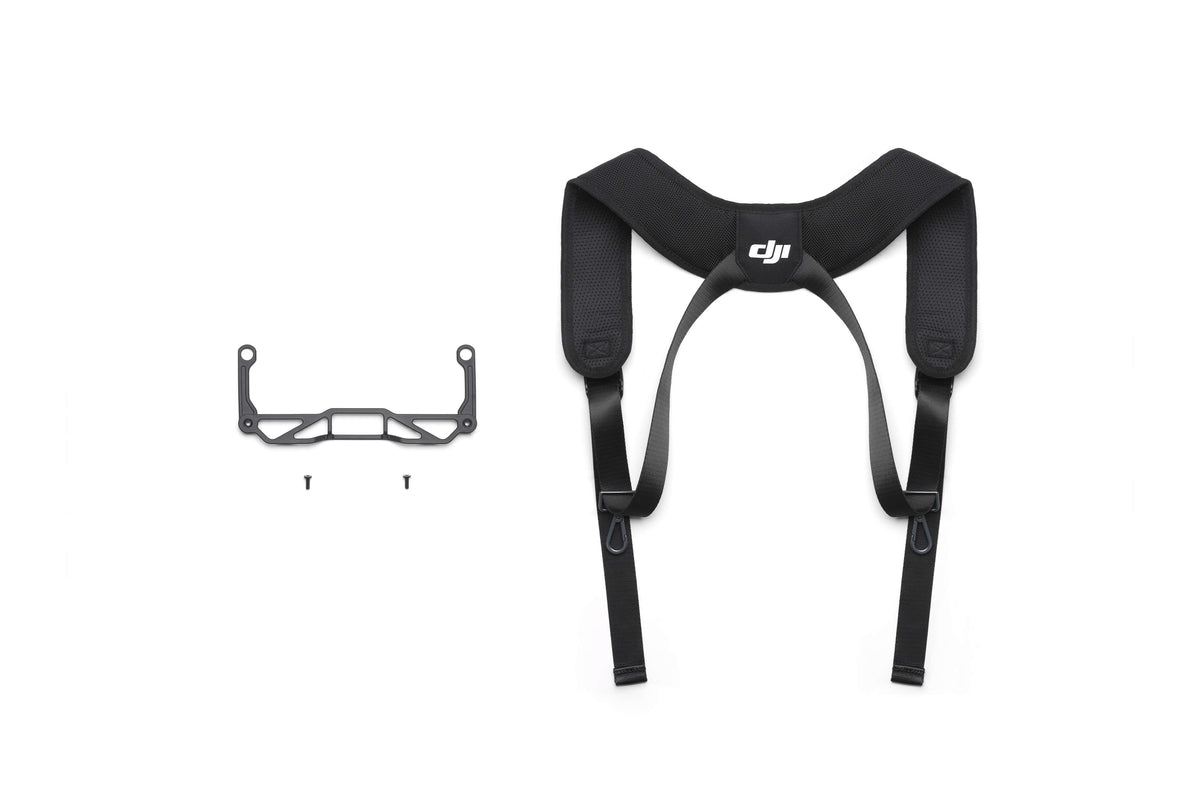 Black DJI RC Plus 2 shoulder harness and mounting plate shown at a front view on a white background