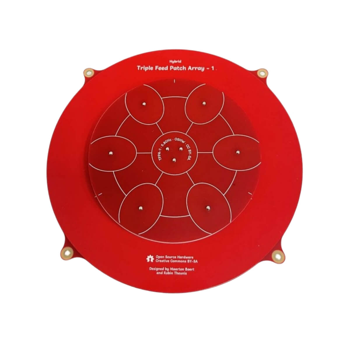 Red TripleFeed Patch Array antenna with circular design on a white background