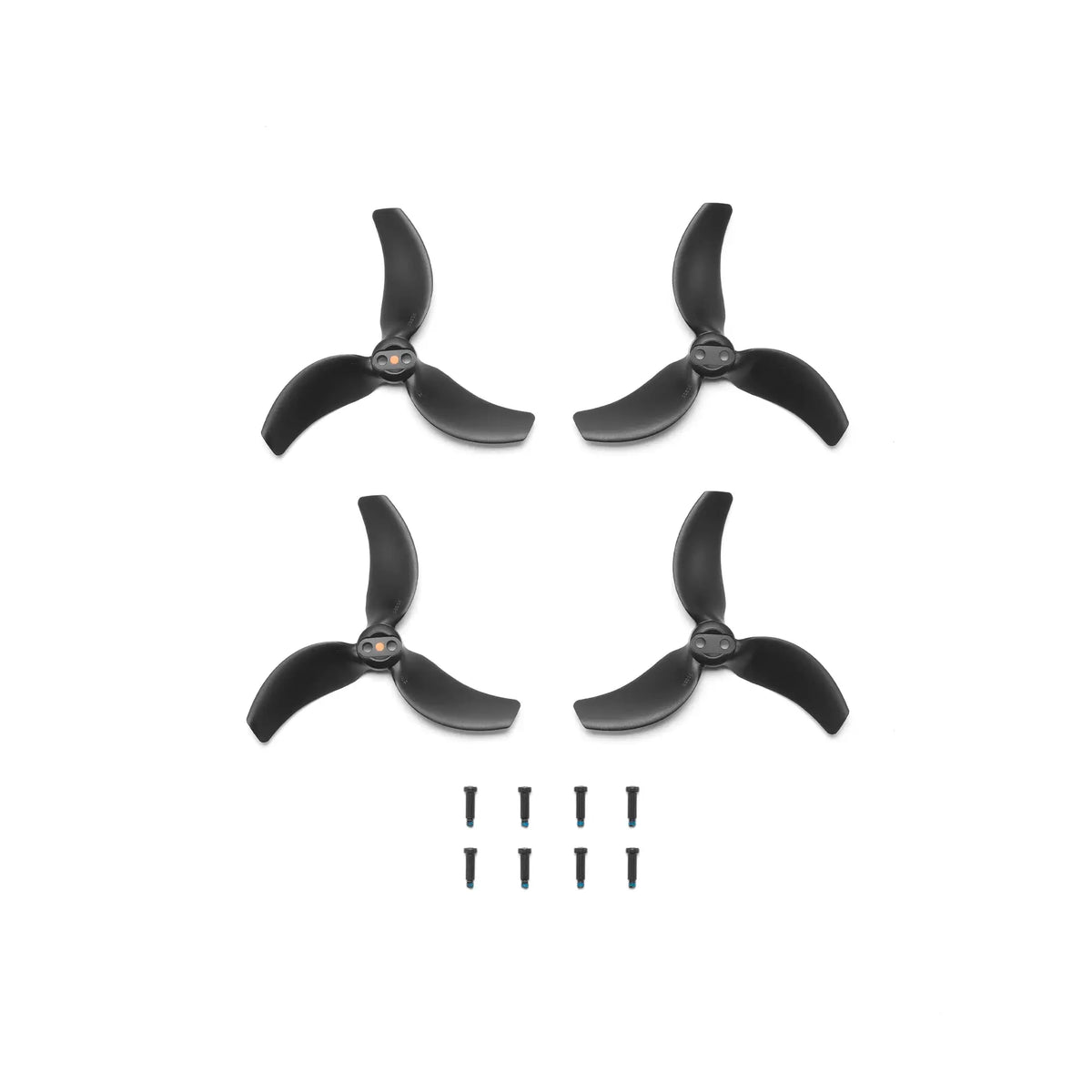 Four black propellers with screws shown at birds-eye view on a white background
