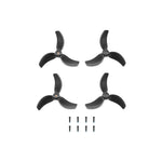 Four black propellers with screws shown at birds-eye view on a white background