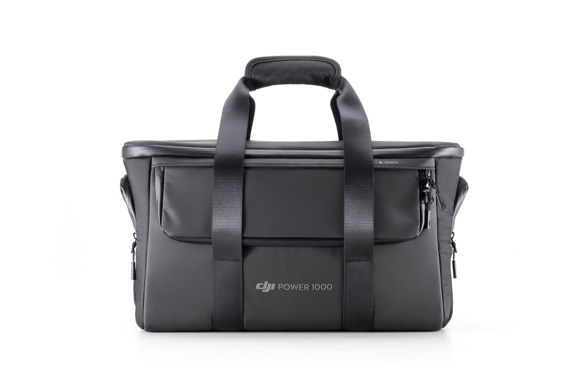 Front view of a black bag with DJI Power 1000 logo text on a white background