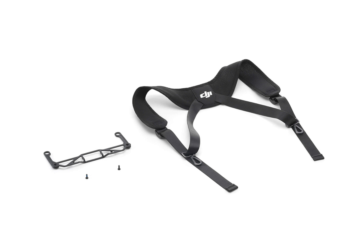 Black DJI RC Plus 2 shoulder harness and mounting plate shown at a 45-degree front right view on a white background