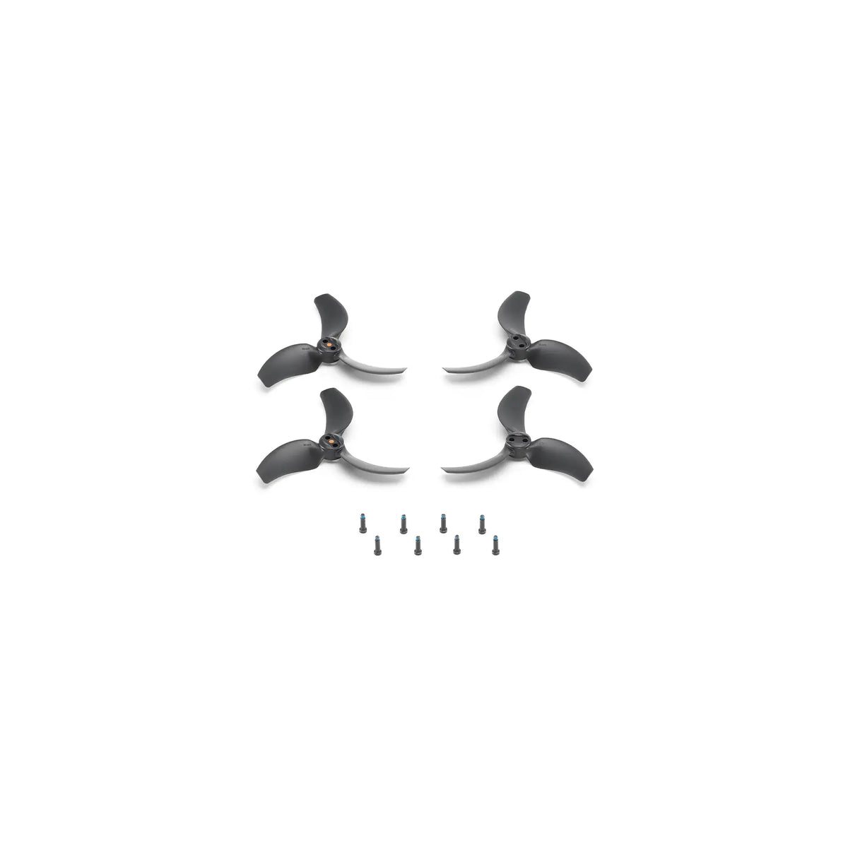 Four black propellers with screws shown at bottom-down front left view on a white background