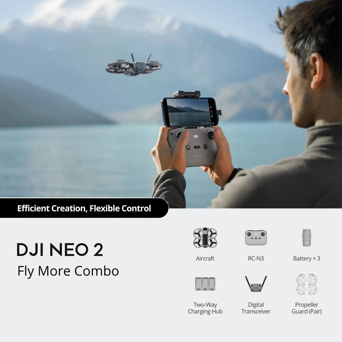 dji neo 2 advert showing what's included