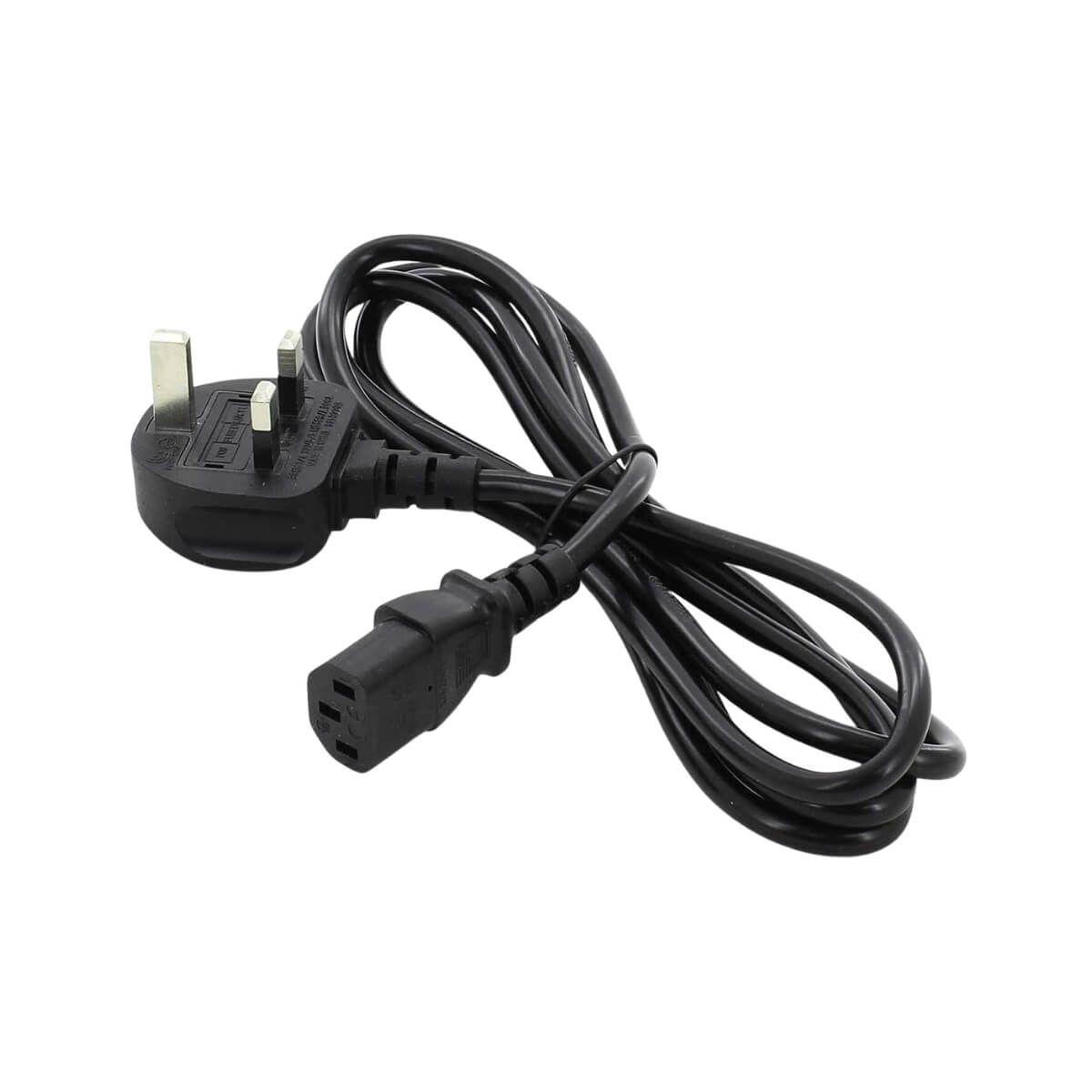 Black power cord with UK plug on a white background