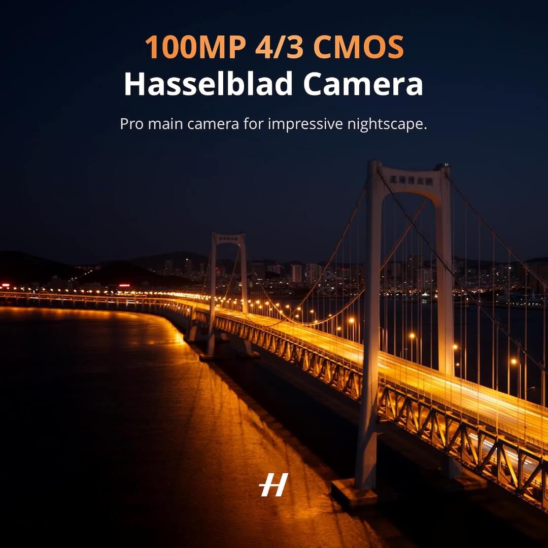 Bridge at night with city lights, featuring text about a 100MP 4/3 CMOS Hasselblad Camera.