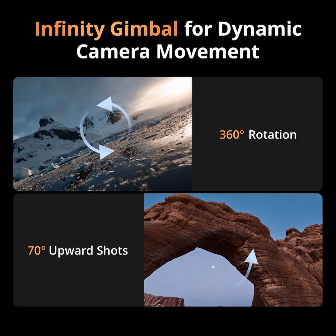 Advertisement for Infinity Gimbal with dynamic camera movement features on a mountain and arch background.