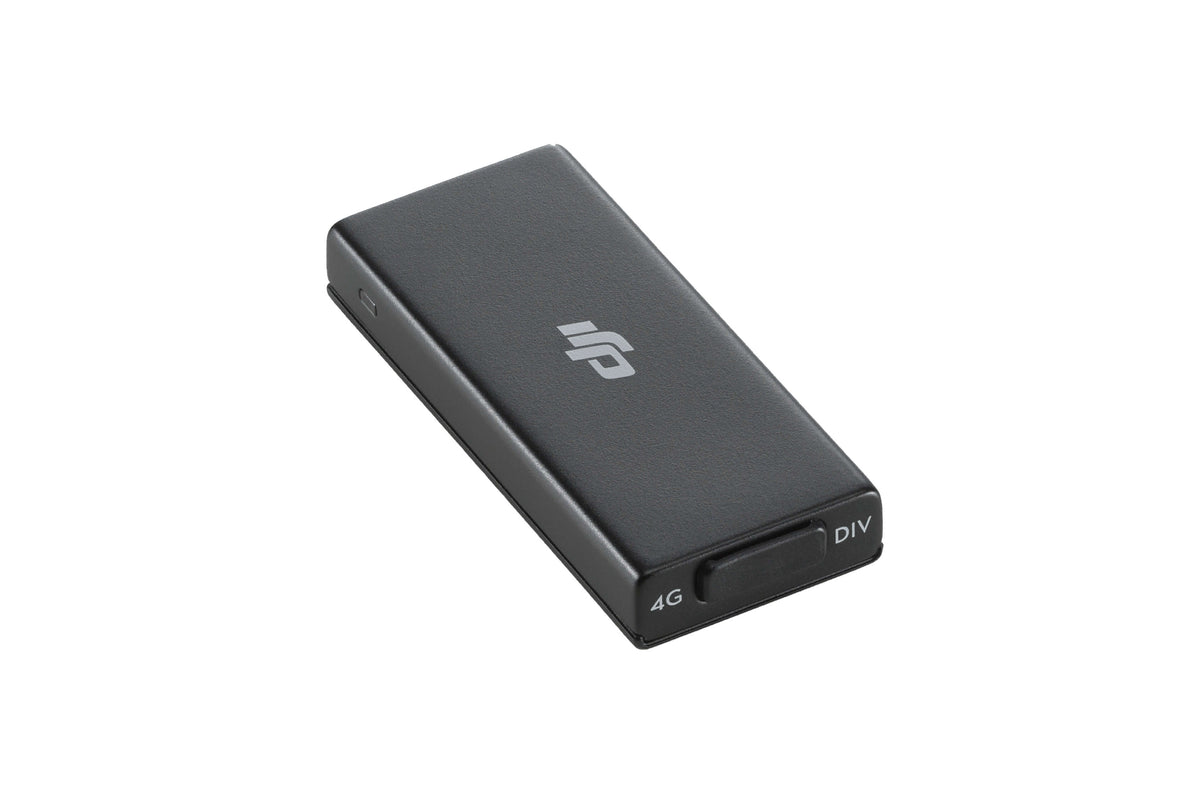 DJI black USB cellular dongle top-down right 45-degree view on white background