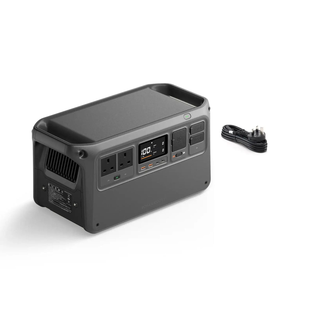Grey portable Power 1000 V2 station with multiple outlets and a cable shown at a 45-degree front right view on a white background