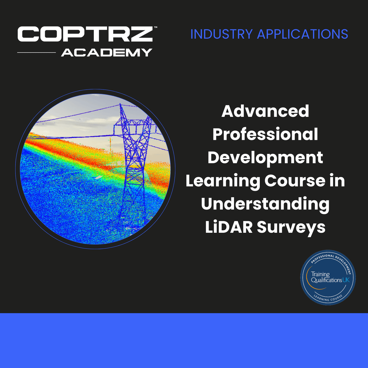 Advertisement for COPTRZ Academy's LiDAR Surveys course with a circular image of a power line and rainbow-like coloration.