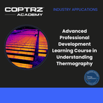 Advertisement for COPTRZ Academy's thermography course with a thermal imaging image on a dark background.