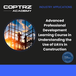 Advertisement for COPTRZ Academy's course on UAVs in construction with a silhouette of two people on scaffolding.