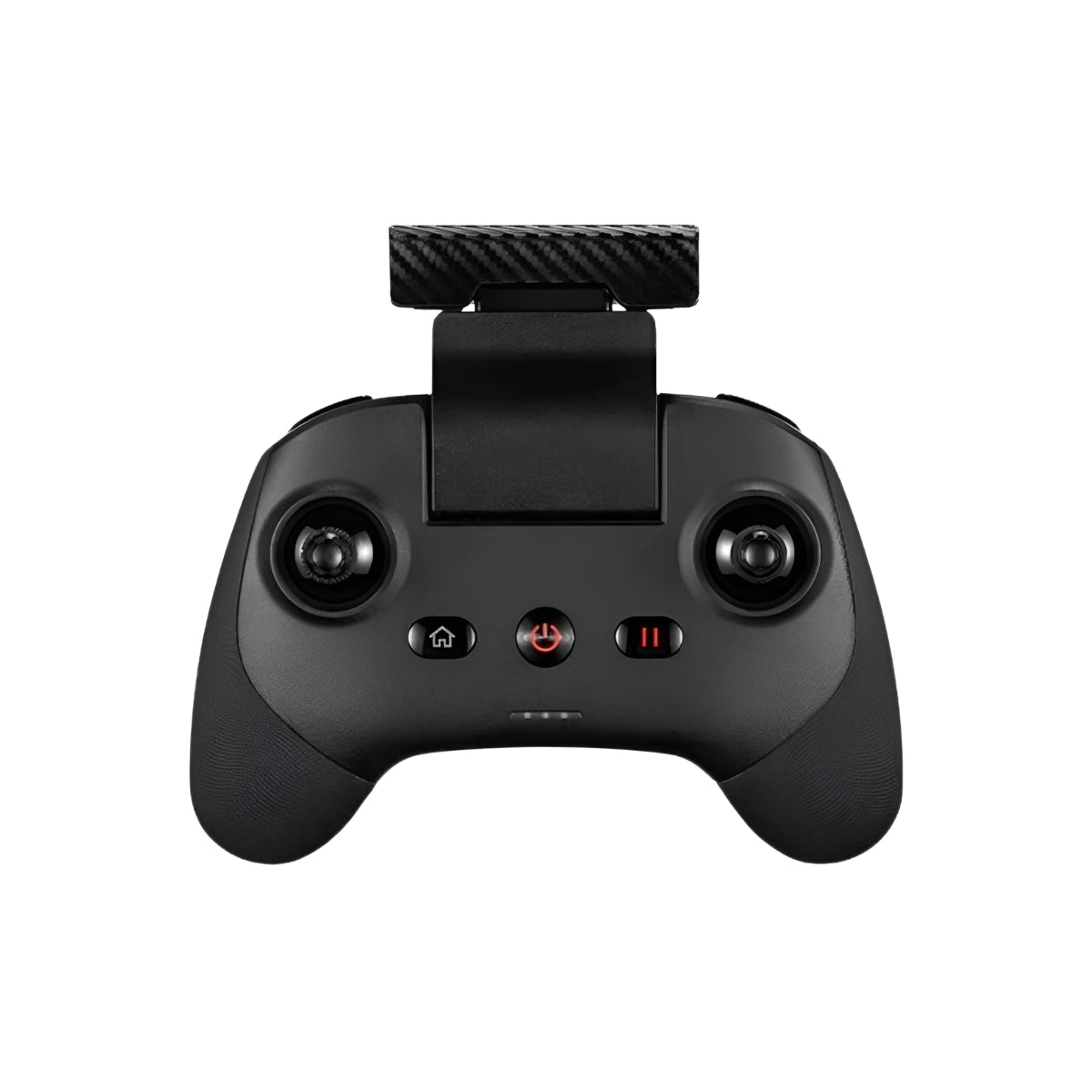 Black remote controller with joystick and buttons on a white background