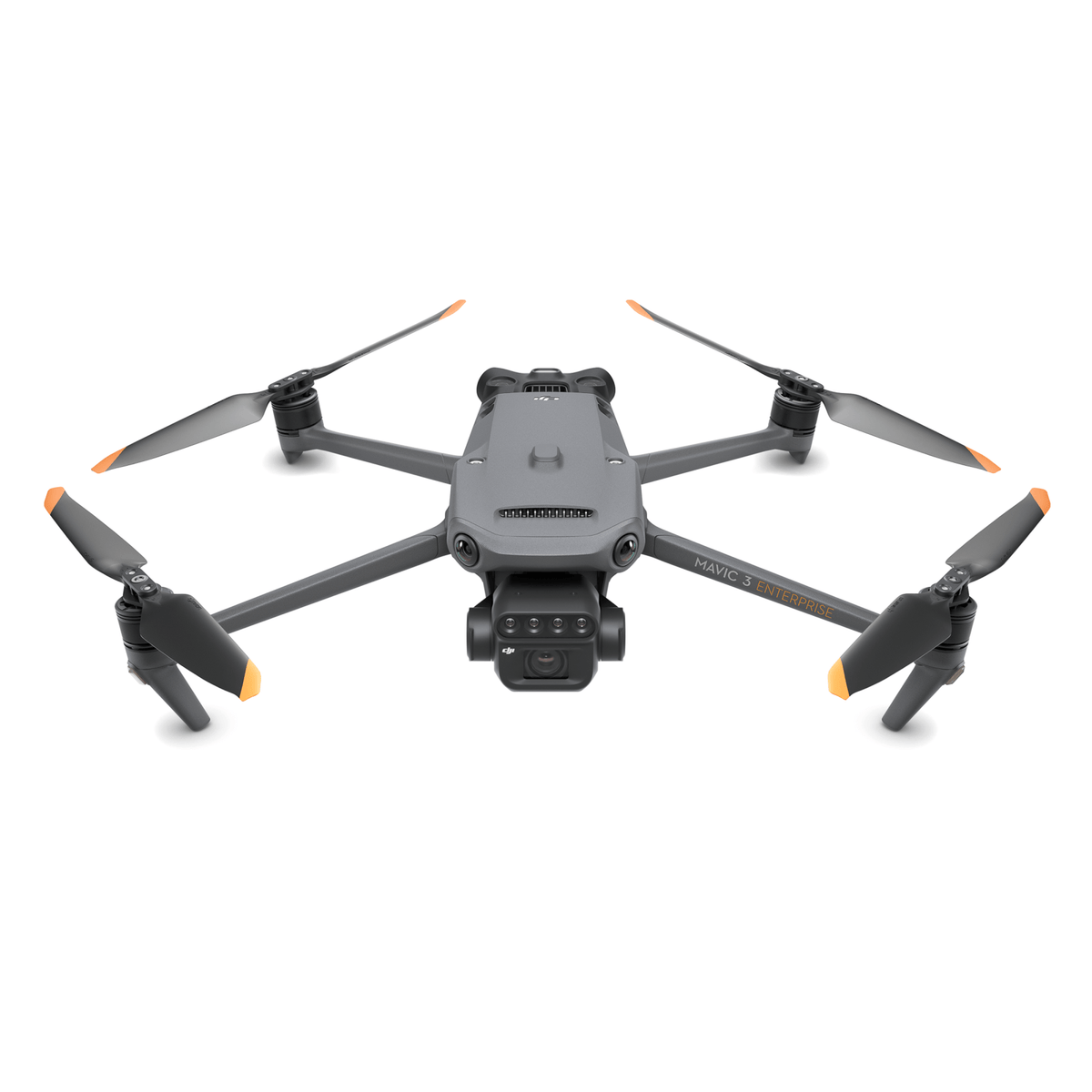 Black drone with four propellers on a white background