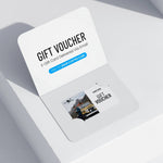 Gift voucher card with a picture of two people operating a drone on a white surface