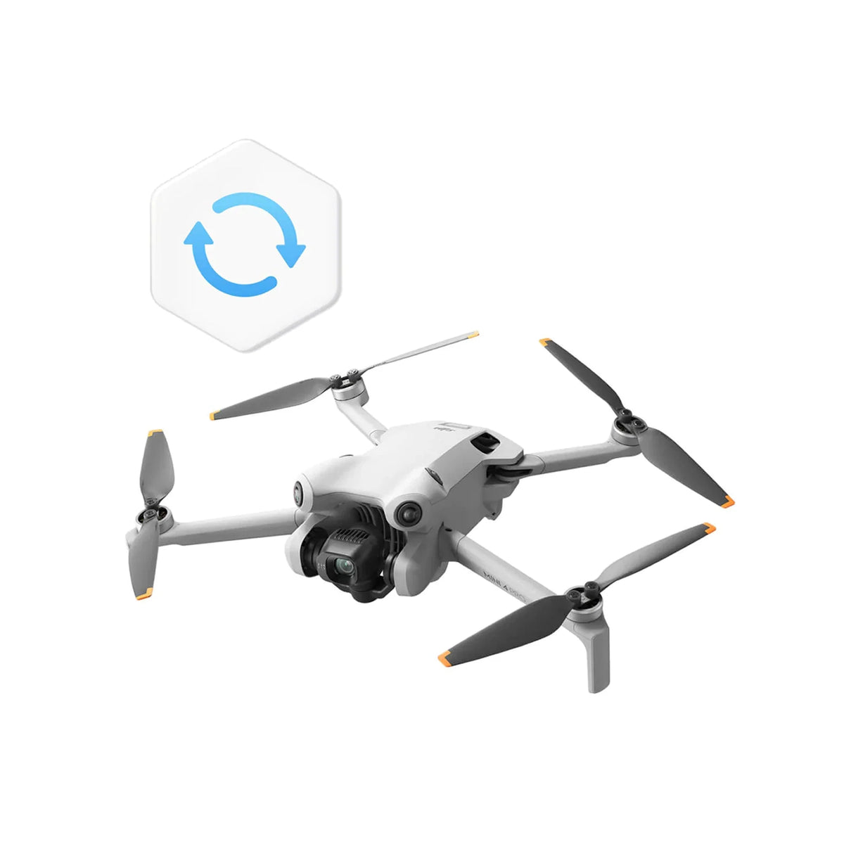 Mini 4 Pro drone with DJI care refresh logo icon against a white background